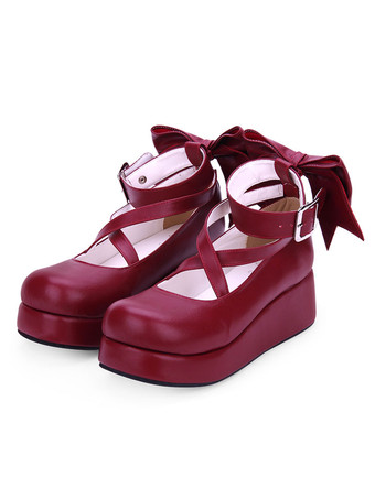 Zapatos Sweet Lolita Bow Strappy Burgundy Plataforma Lolita Calzado