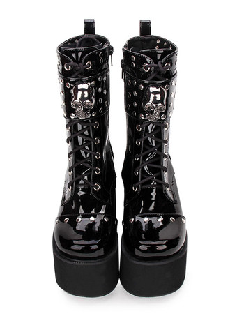 ゴシックロリータブーツメタリックバックルリベットレースアップジッパープラットフォームブラックロリータシューズ