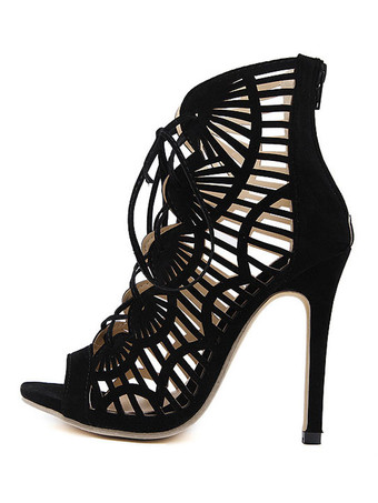 スエードグラディエーターサンダル女性ピープトウシューズハイヒールサンダルをレースカット