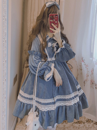 Vestido clásico de Lolita OP Corduroy Lace Ruffle Lolita plisado Vestido de una pieza