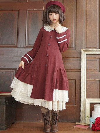 Robe classique Lolita OP Robe lacée en coton bicolore rouge Lolita avec boutons de volants