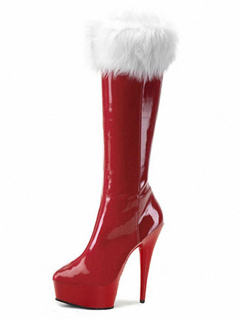 Красные сексуальные сапоги Женская платформа Миндальные меховые детали Высокие каблуки Сапоги Зимняя обувь