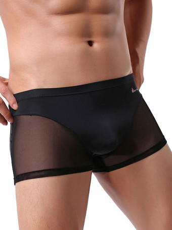 Men Sexy Lingerie Semi Sheer Patchwork Nylon Boy Shorts