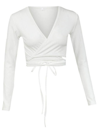 クロップトップス 綿混紡 レディーストップス ホワイト 長袖 ショート丈トップス レディースファッション 無地 Vネック 透かし彫り