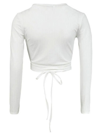 クロップトップス 綿混紡 レディーストップス ホワイト 長袖 ショート丈トップス レディースファッション 無地 Vネック 透かし彫り