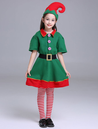 サンタコスプレ グリーン クリスマス 女の子用 コスチューム クリスマスエルフ ポリエステル コスチューム キッズ用 ドレス サッシュベルト 帽子 カラーブロック ホリデーコスチューム