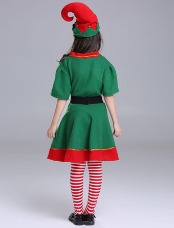 サンタコスプレ グリーン クリスマス 女の子用 コスチューム クリスマスエルフ ポリエステル コスチューム キッズ用 ドレス サッシュベルト 帽子 カラーブロック ホリデーコスチューム