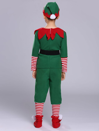 サンタコスプレ グリーン キッズ用 クリスマス コスチューム ポリエステル コスチューム クリスマスエルフ シューズカバー トップス パンツ サッシュベルト 帽子 ホリデーコスチューム