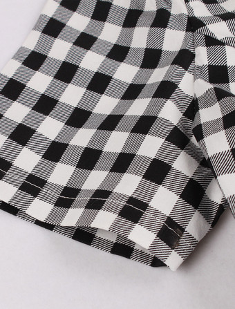 Robe de Vintage 1950s Imprimés Carreaux Femme Courte à Col V avec Manches Courtes avec Epaule Dénudée Coupe Cintrée Bas Evasée Bicolores Robes de Rétros