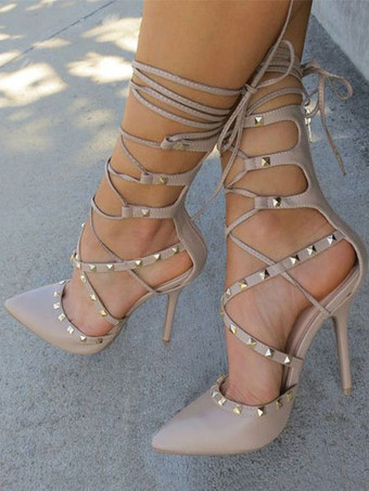 Women High Heels Apricot Pointed Toe Rivets Lace Up Pumps