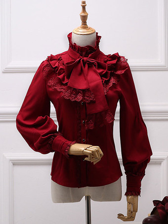 ワインレッド クラシックロリータブラウスホワイトボウフリルレースシフォンロリータシャツ