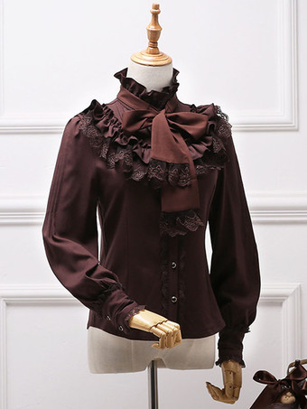 ディープブラウンクラシックロリータブラウスホワイトボウフリルレースシフォンロリータシャツ