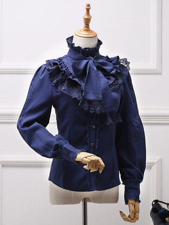 ブルー クラシックロリータブラウスホワイトボウフリルレースシフォンロリータシャツ