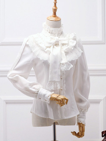 Lolita clássico Blusa Branco Arco Ruffle Lace Chiffon Lolita Camisa