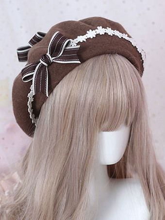 ディープブラウン甘いロリータベレーデイジーフローラルボウウールロリータハット