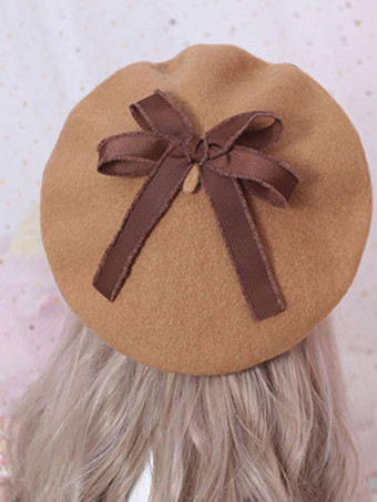 ブラウン 甘いロリータベレーデイジーフローラルボウウールロリータハット