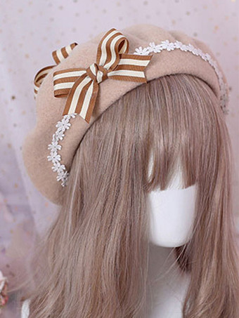 ライトブラウン甘いロリータベレーデイジーフローラルボウウールロリータハット