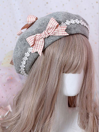 グレイ甘いロリータベレーデイジーフローラルボウウールロリータハット