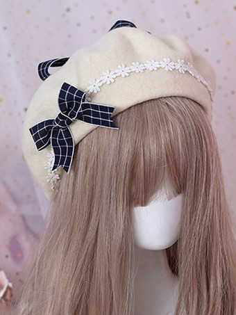 ブルー ロリータベレーボウフローラルウールロリータハットスウィート