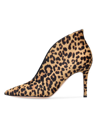 ショートブーツ ポインテッドトゥ ブーティ シック＆モダン レディースブーツ ヒョウ柄 ピンヒール 9cm マイクロスエード パーティー ヒョウ柄 シューズ レディース靴