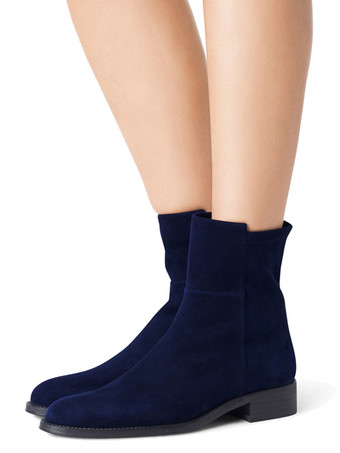 ショートブーツ ラウンドトゥ ブーティ シック＆モダン レディースブーツ ディープブルー フラットヒール フラットヒール マイクロスエード ストリートウェア 無地 シューズ レディース靴