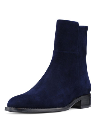 ディープブルーショートブーツ ラウンドトゥ ブーティ シック＆モダン レディースブーツ ディープブルー フラットヒール フラットヒール マイクロスエード ストリートウェア 無地 シューズ レディース靴