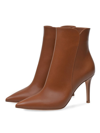 ブラウン ショートブーツ ポインテッドトゥ ブラウン  ブーティ レディースブーツ ピンヒール 9.5cm PU ジッパー 無地 パーティー レディース靴 シューズ