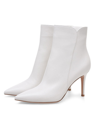 ホワイト ショートブーツ ポインテッドトゥ ブラウン  ブーティ レディースブーツ ピンヒール 9.5cm PU ジッパー 無地 パーティー レディース靴 シューズ