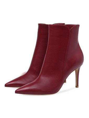 ワインレッド ショートブーツ ポインテッドトゥ ブラウン  ブーティ レディースブーツ ピンヒール 9.5cm PU ジッパー 無地 パーティー レディース靴 シューズ