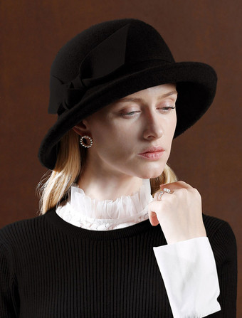 ブラック レトロウール帽子弓ロイヤルヘアアクセサリー女性ヴィンテージヘッドピースハロウィン