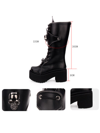 ゴシックロリータブーツスカルレースアッププラットフォームチャンキーヒールブラックロリータシューズ