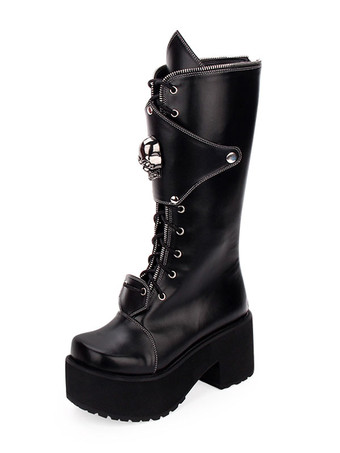 ゴシックロリータブーツスカルレースアッププラットフォームチャンキーヒールブラックロリータシューズ