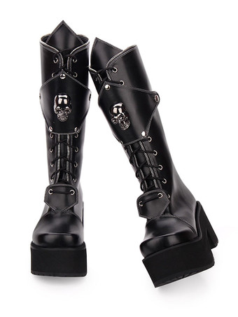 ゴシックロリータブーツスカルレースアッププラットフォームチャンキーヒールブラックロリータシューズ