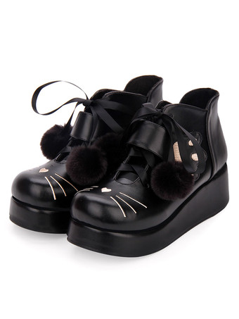 Classic Lolita Bootie Pom Pom Lace Up Embroidery Black Lolita Shoes