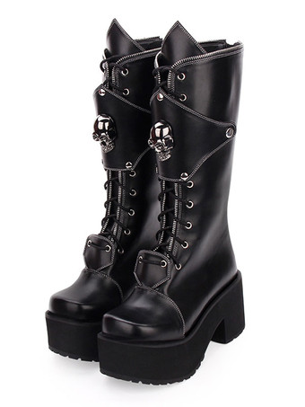 Gothic Lolita Boots Skull Lace Up Plattform Chunky Heel Schwarze Lolita Schuhe