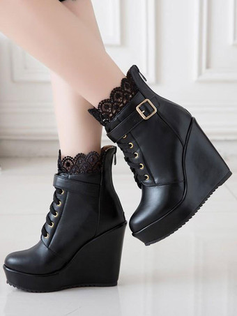 クラシックロリータブーツレースバックルウェッジヒールブラックロリータシューズ