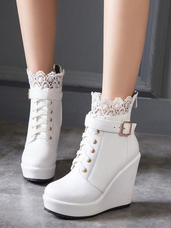 ホワイト クラシックロリータブーツレースバックルウェッジヒールブラックロリータシューズ