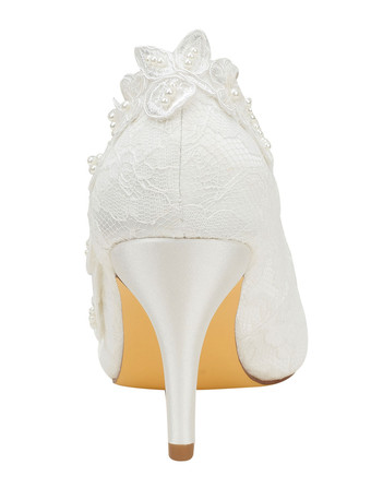 アイボリー　ウェディングシューズ　ハイーヒール　レース　ポインテッドトゥ　花　スリップオンパンプス