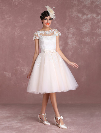 レトロ　ウェディングドレス　アイボリー　半袖　ナチュラルウェストライン　くるみボタン　Aライン　ひざ丈　 Milanoo