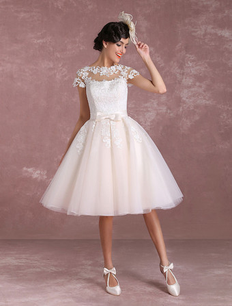 レトロ　ウェディングドレス　アイボリー　半袖　ナチュラルウェストライン　くるみボタン　Aライン　ひざ丈　 Milanoo