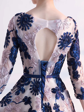 Robe de cocktail col bateau demi-manche bleu marine foncé longueur au genou Robe de soirée