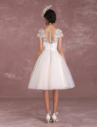 レトロ　ウェディングドレス　アイボリー　半袖　ナチュラルウェストライン　くるみボタン　Aライン　ひざ丈　 Milanoo