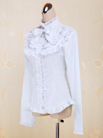 ホワイト　ロリィタブラウス　長袖　コットン　無地　レーストリム　フリル