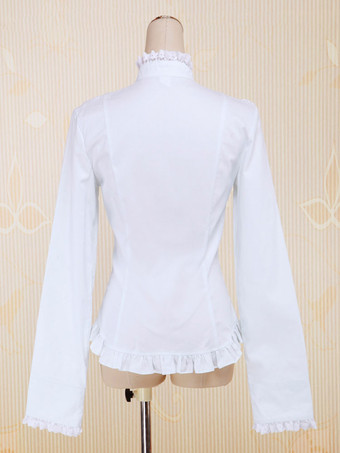 ホワイト　ロリィタブラウス　長袖　コットン　無地　レーストリム　フリル