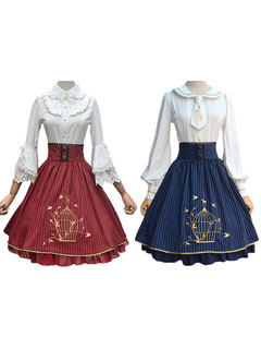 Lolitashow Vintage Lolita Dress SK Burgundy Striped High Waist Embroidered Birdcage Ruffle Chiffon Lolita Skirt