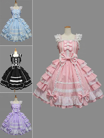 Vestidos de Lolita 2024 de tirantes de 100% algodón con tirantes de color-blocking de encaje