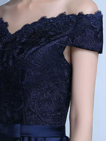 ミディアムドレス　ダズリンブルー　Aライン　ひざ下　オフショルダー　半袖　