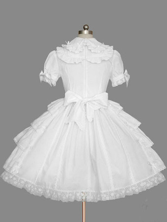 ロリータ服　ワンピース　ホワイト　チュニック　ドレス　コットン　可愛い　半袖　飾り付き襟　リボン　パーティー　