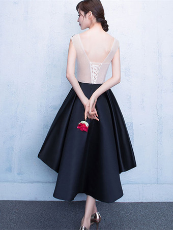 パーティードレス　ブラック　Aライン　スクープネック　アシンメトリー　ノースリーブ　レース　レースアップ　