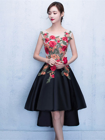 パーティードレス　ブラック　Aライン　スクープネック　アシンメトリー　ノースリーブ　レース　レースアップ　